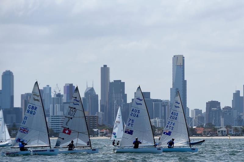 Finn / starting action / fleet racing ISAF Sailing World Cup Final - Melbourne St Kilda sailing precinct, Victoria Port Phillip Bay Tuesday 6 Dec 2016 - photo © Sport the library / Jeff Crow