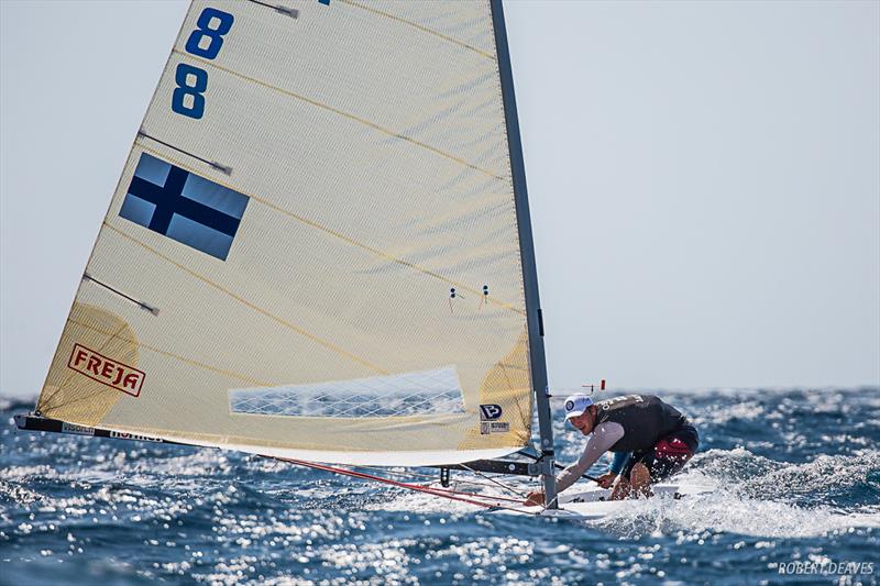 Oskari Muhonen on day 1 of the Finn Silver Cup in Anzio photo copyright Robert Deaves taken at  and featuring the Finn class