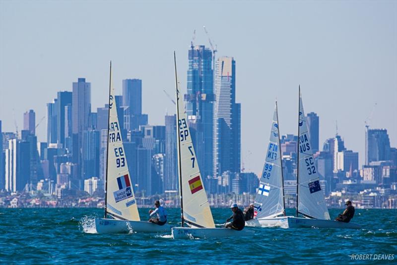 Melbourne backdrop - 2019 Finn Gold Cup day 1 photo copyright Robert Deaves taken at Royal Brighton Yacht Club and featuring the Finn class