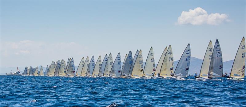 The huge fleet at the 2019 Finn Europens in Athens photo copyright Robert Deaves taken at  and featuring the Finn class