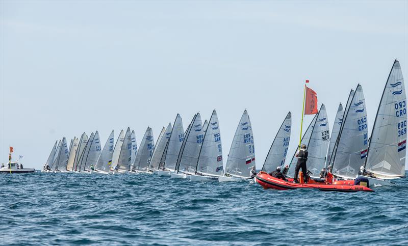 Start on day 2 of the 2021 Open and U23 Finn European Championship photo copyright Joao Costa Ferreira taken at  and featuring the Finn class