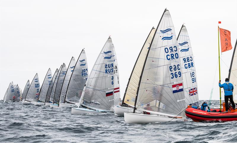 Start on day 3 of the 2021 Open and U23 Finn European Championship photo copyright Joao Costa Ferreira taken at  and featuring the Finn class