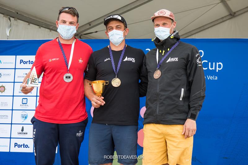 Finn Gold Cup - Top 3: Cardona, Maloney, Junior  photo copyright Robert Deaves taken at Vilamoura Sailing and featuring the Finn class