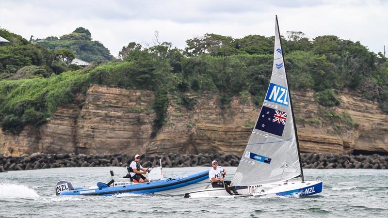 Tokyo2020 - Day 3 - July, 27, - Enoshima, Japan. Josh Junior and Coach Andy Maloney (NZL) Finn - heading to their start on the Kamakura Course photo copyright Richard Gladwell - Sail-World.com / nz taken at Takapuna Boating Club and featuring the Finn class