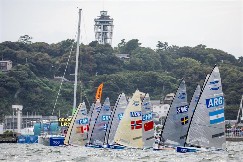 Start of Race 6, on the third day of Finn class racing at the Tokyo 2020 Olympic Sailing Competition photo copyright Robert Deaves / www.robertdeaves.uk taken at  and featuring the Finn class