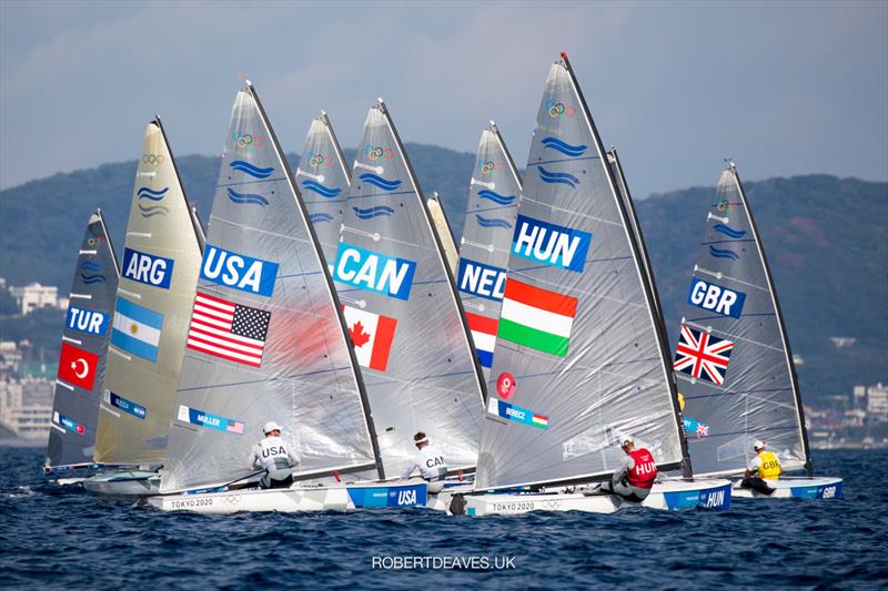 Start of race 8 at the Tokyo 2020 Olympic Sailing Competition day 7 photo copyright Robert Deaves / www.robertdeaves.uk taken at  and featuring the Finn class