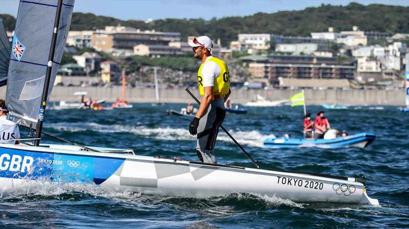 Giles Scott (GBR) acknowledges the moment of winning the Gold Medal in the Finn class, Tokyo2020 - Day 10 - August 3, , Enoshima, Japan - photo © Richard Gladwell - Sail-World.com/nz