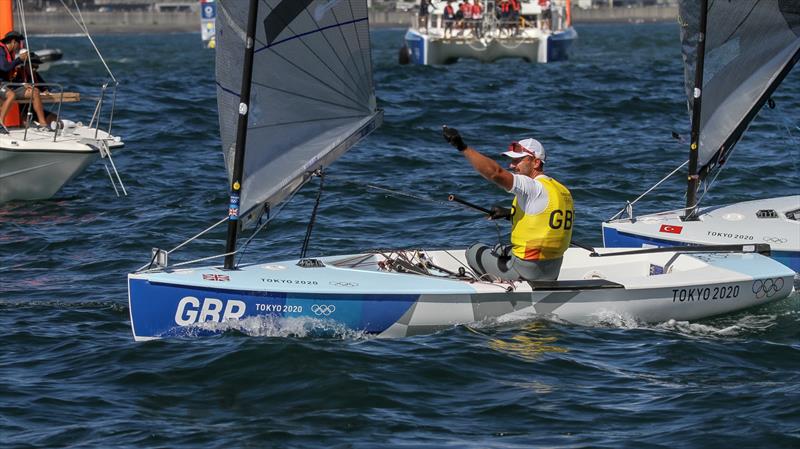 Giles Scott (GBR) acknowledges the moment of winning the Gold Medal in the Finn class, Tokyo2020 - Day 10 - August 3, , Enoshima, Japan photo copyright Richard Gladwell - Sail-World.com/nz taken at  and featuring the Finn class