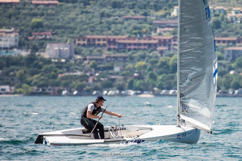 Oskari Muhonen on day 2 of the Finn Gold Cup at Malcesine photo copyright Robert Deaves / www.robertdeaves.uk taken at Fraglia Vela Malcesine and featuring the Finn class