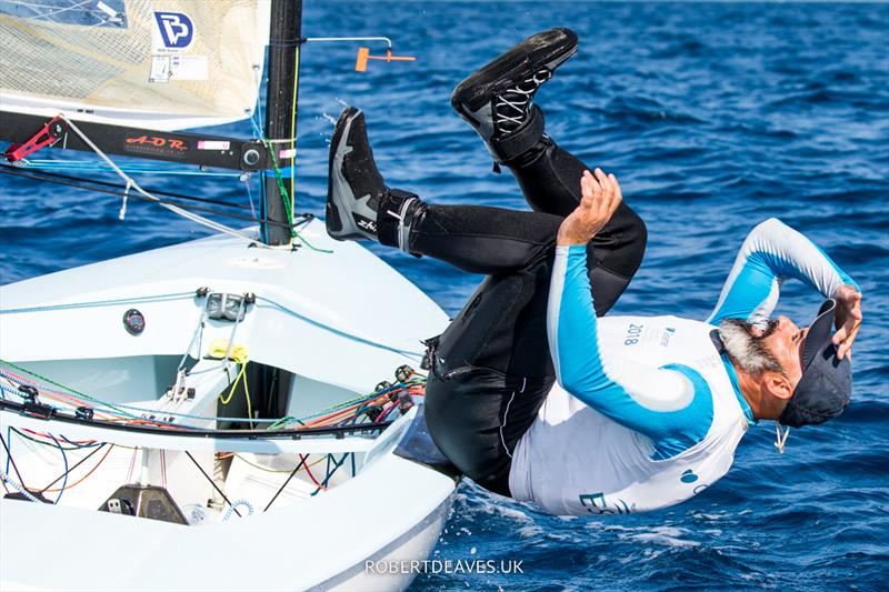 Miguel Fernandez Vasco, ESP, celebrates winning the Open Finn European Masters photo copyright Robert Deaves taken at Club Nàutic Hospitalet-Vandellòs and featuring the Finn class