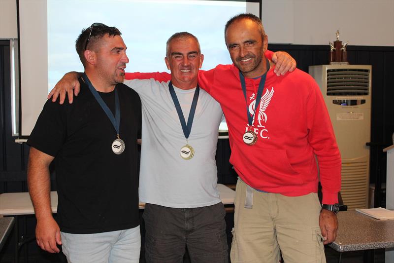 Left to right – Chris Goodyer (2nd), Karl Purdie (1st), Ray Hall (3rd) - 2023 Finn North Island & National Championships - photo © Gayle Carmichael