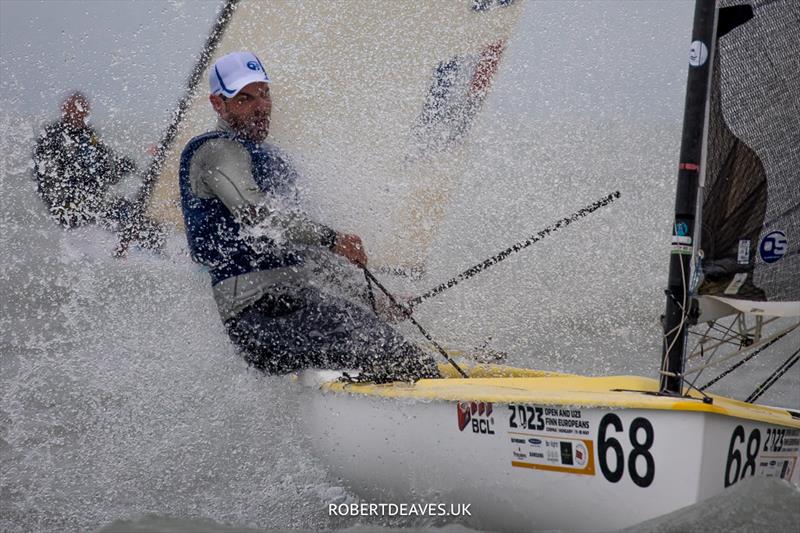 Alessandro Marega, ITA on day 1 at the Open and U23 Finn Europeans in Csopak, Hungary photo copyright Robert Deaves / www.robertdeaves.uk taken at Procelero Sportegyesület and featuring the Finn class