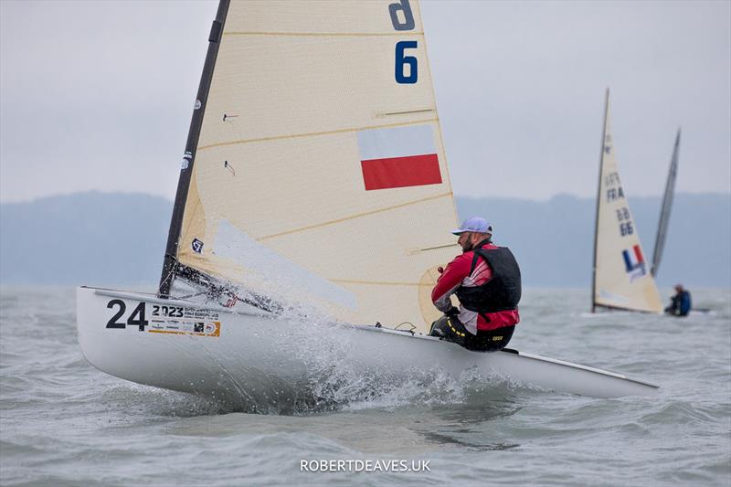 Bartosz Szydlowksi, POL on day 1 at the Open and U23 Finn Europeans in Csopak, Hungary photo copyright Robert Deaves / www.robertdeaves.uk taken at Procelero Sportegyesület and featuring the Finn class