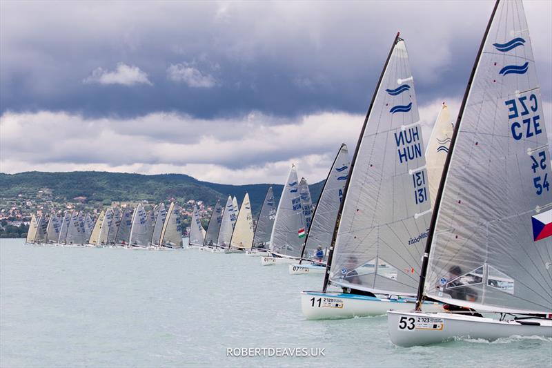 Start of Race 3 on day 2 at the Open and U23 Finn Europeans in Csopak, Hungary photo copyright Robert Deaves / www.robertdeaves.uk taken at Procelero Sportegyesület and featuring the Finn class