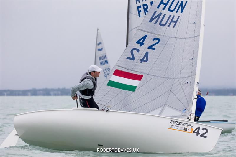 Abel Szucs, HUN on the final day of the 2023 Open and U23 Finn Europeans in Csopak, Hungary photo copyright Robert Deaves / www.robertdeaves.uk taken at Procelero Sportegyesület and featuring the Finn class