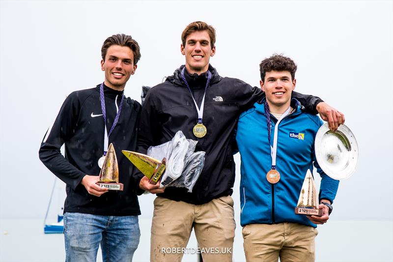 Top 3 U23 sailors at the 2023 Open and U23 Finn Europeans in Csopak, Hungary photo copyright Robert Deaves / www.robertdeaves.uk taken at Procelero Sportegyesület and featuring the Finn class