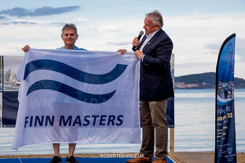 Stavros Manitsas with Andy Denison on day 1 of the 2023 Finn World Masters in Greece photo copyright Robert Deaves / www.robertdeaves.uk taken at  and featuring the Finn class