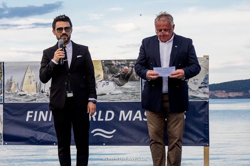 The Deputy Governor, Mr Alexis Politis, and the Masters President, Andy Denison on day 1 of the 2023 Finn World Masters in Greece photo copyright Robert Deaves / www.robertdeaves.uk taken at  and featuring the Finn class