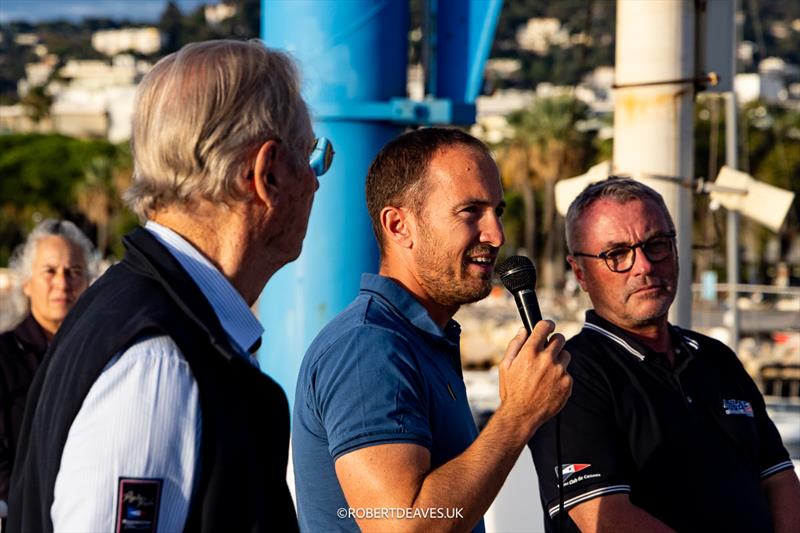 Jean-Pierre Gailes, Márton Beliczay and Jerome Nutte at the opening ceremony - 2024 Finn Open European Championship photo copyright Robert Deaves / www.robertdeaves.uk taken at Yacht Club de Cannes and featuring the Finn class