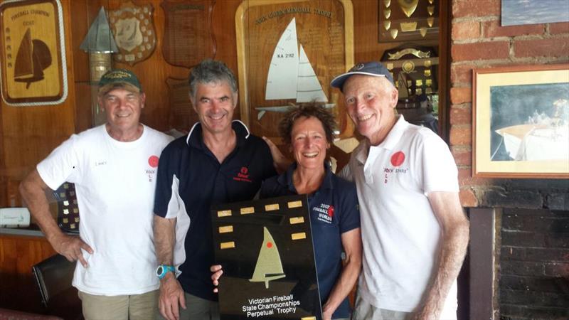 Ian Lane, Chris Payne, Heather Macfarlane and Mike Rogers show the Victorian Fireball perpetual trophy - photo © Bradley Ginnivan