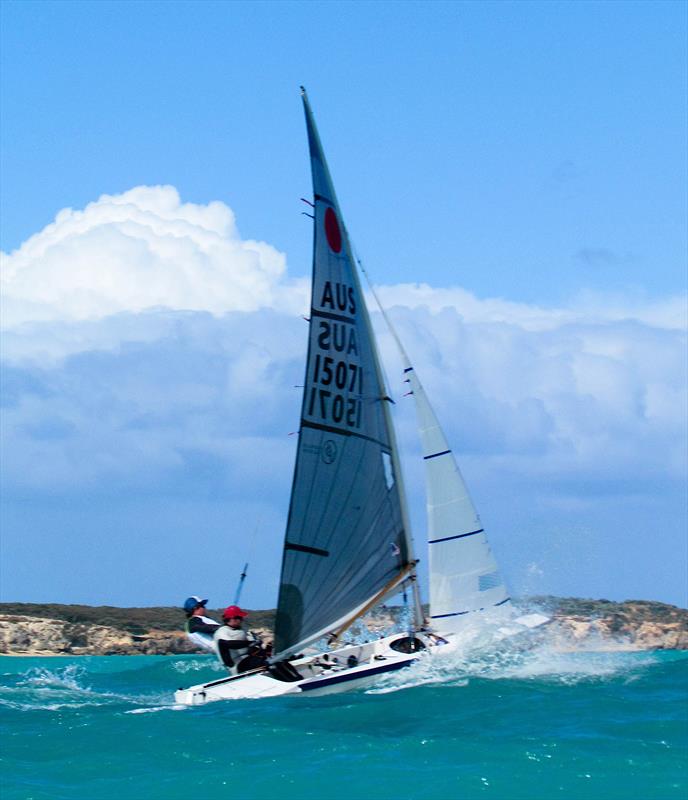 Tom Gordon & Jack Fletcher negotiating the swell during the Fireball Australian Championship photo copyright Michelle Thompson taken at Rivoli Bay Sailing Club and featuring the Fireball class