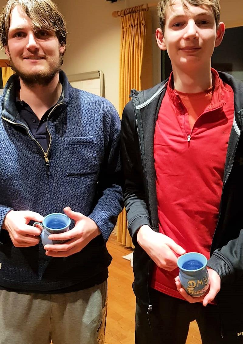 Daniel and Harry Thompson with their Frostbite Mugs for Race 2 in the PY Fleet - Dun Laoghaire Frostbite Series 2 day 2 photo copyright Cormac Bradley taken at Dun Laoghaire Motor Yacht Club and featuring the Fireball class
