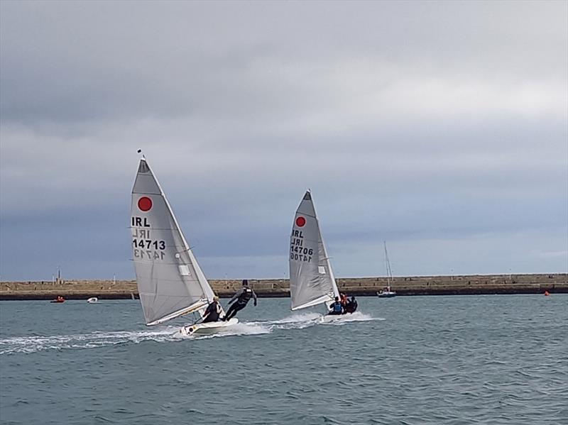 Alistair Court & Gordon Syme and 14713, Frank Miller & Ed Butler power down the first reach of the Olympic course on Dun Laoghaire Frostbite Series 2 Day 5 photo copyright Ian Cutliffe taken at Dun Laoghaire Motor Yacht Club and featuring the Fireball class