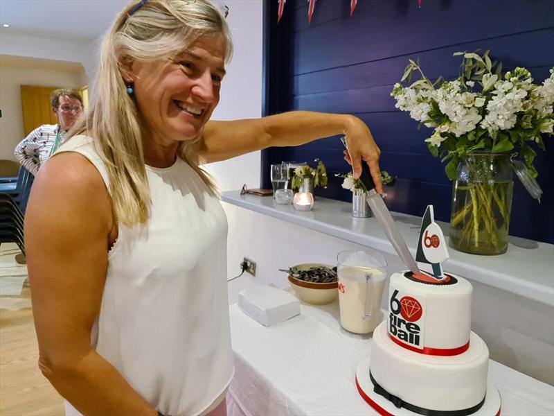 Class Chair Derian Scott cutting the Fireball 60th Anniversary cake photo copyright Frank Miller taken at Brightlingsea Sailing Club and featuring the Fireball class