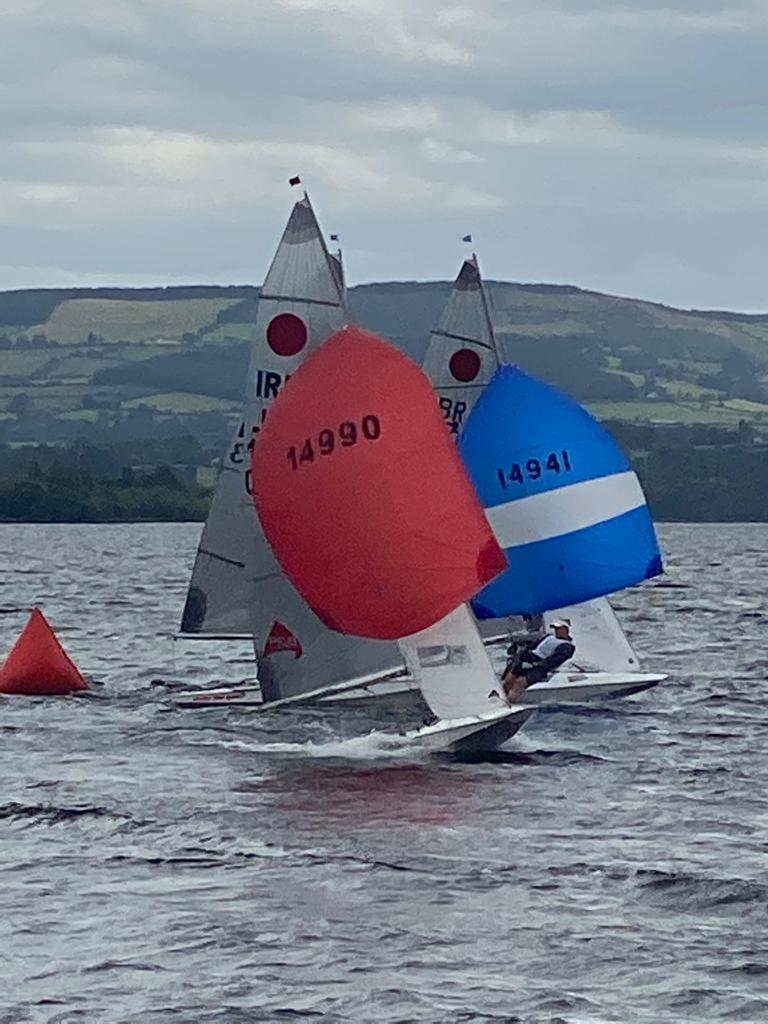 Jane Butler & Jenny Andreasson (IRL 14990) and Derian & Andy Scott (GBR 14941) make their way to the finish from Mark 3 on day 4 of the Gul Fireball World Championship at Lough Derg photo copyright Con Murphy taken at Lough Derg Yacht Club and featuring the Fireball class