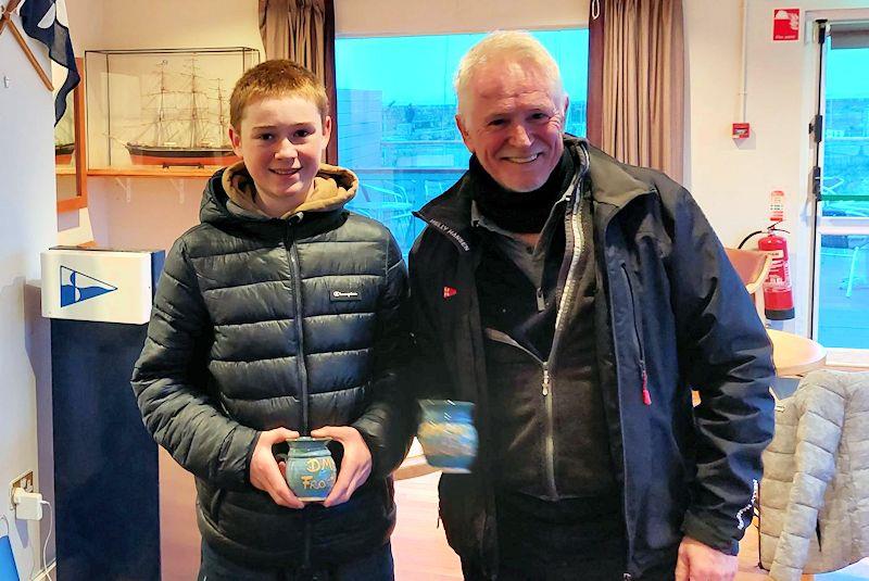 Hugh and Frank Cassidy collect their Frostbite Mugs - Viking Marine DMYC Frostbite Series 2 day 3 - photo © Cormac Bradley