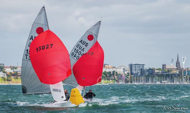 Some close racing with RGYC & city backdrop - Fireball State Titles at Royal Geelong  Yacht Club - photo © Tom Smeaton