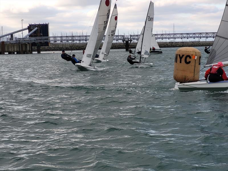 Stephen Oram mixes it with the Fireballs at the weather mark - Viking Marine DMYC Frostbite Series 2 day 7 photo copyright Ian Cutliffe taken at Dun Laoghaire Motor Yacht Club and featuring the Fireball class