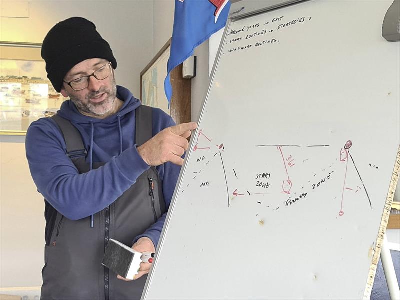 Thomas Chaix of Dinghy Performance during a briefing about approaches to the start line during the Fireball Open at Dun Laoghaire - photo © Frank Miller