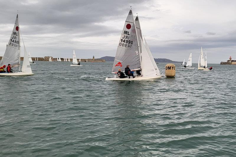 A tight weather mark rounding for Alastair Court & Gordon Syme (hidden) and Frank Miller & Caroul (14990), with Owen Sinnott & Grattan Donnelly (14865) ready to take advantage of any mistakes - Viking Marine DMYC Frostbite Series 1 final day photo copyright Ian Cutliffe taken at Dun Laoghaire Motor Yacht Club and featuring the Fireball class