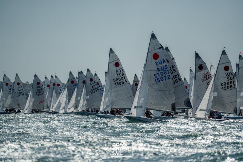 The 58-boat fleet racking up for the first start - Fireball Worlds at Geelong day 1 photo copyright Alex Dare, Down Under Sail taken at Royal Geelong Yacht Club and featuring the Fireball class