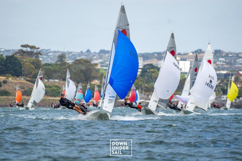 Brendan Garner and Ben O'Brien on Black Pearl currently sit second overall - Fireball Worlds at Geelong day 4 photo copyright Alex Dare, Down Under Sail taken at Royal Geelong Yacht Club and featuring the Fireball class