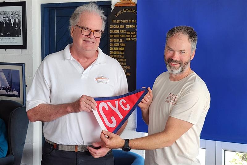 John Lovett presents the Cleveland YC burgee to Cormac Murphy - Fireball Irish National Championship at Tralee Bay photo copyright Frank Miller taken at Tralee Bay Sailing Club and featuring the Fireball class