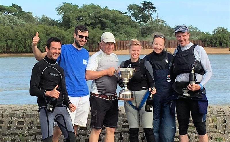 GJW Direct Firefly Nationals Sir Ralph Gore Challenge Trophy podium (l-r) Chris Kameen & Matt Read (2nd), Guy Davison & Sally Wakefield (1st), Emily Saunderson & Nigel Wakefield (3rd) photo copyright Dave Chisholm taken at Felixstowe Ferry Sailing Club and featuring the Firefly class
