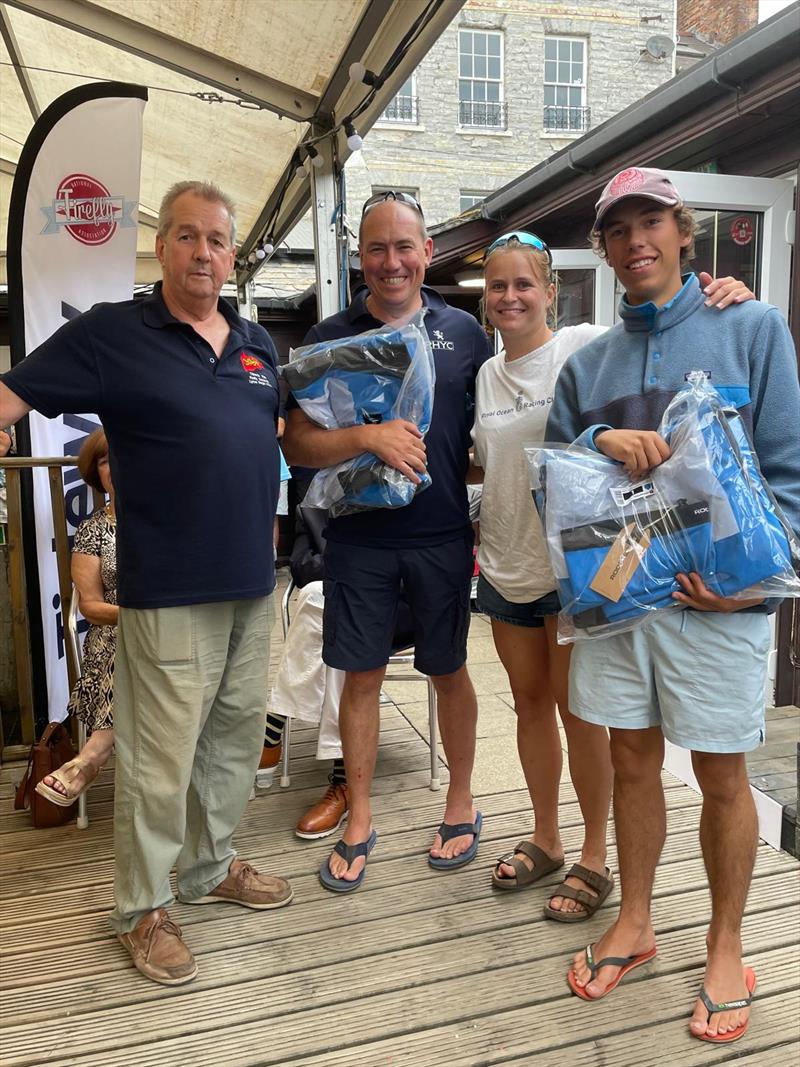 Firefly Nationals 2025 at Lyme Regis - Becky Caiger and Rory Gifford with Alex and Stella Davey are the overall Buddies winners photo copyright Jo Mason taken at Lyme Regis Sailing Club and featuring the Firefly class