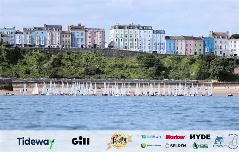 The fleet launch on Day 2 of the 80th Anniversary Firefly Nationals at Tenby - photo © Mark Jardine