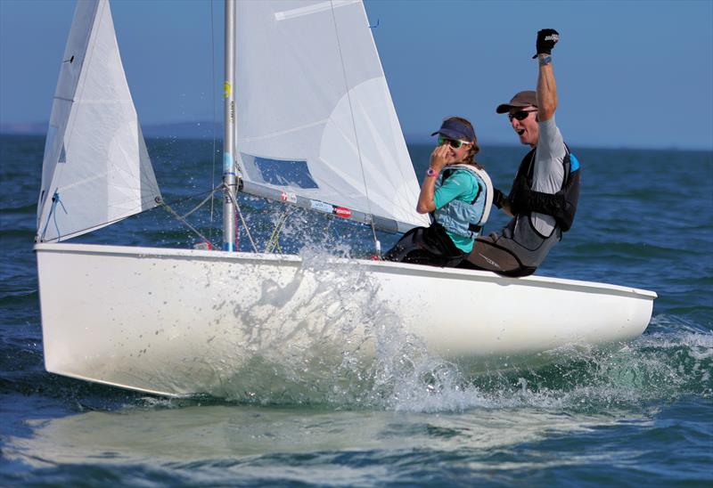 Jamie and Silvie McEwen win the first race on Day 5 of the 80th Anniversary Firefly Nationals at Tenby photo copyright Mark Jardine taken at Tenby Sailing Club and featuring the Firefly class