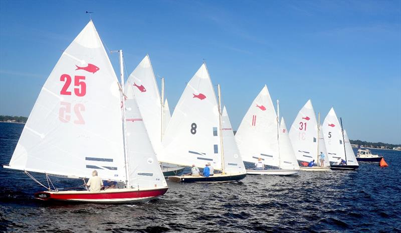 David (DJ) Johnson (#5) with Helen Welch and David Richards got a bow out clean start on their way to the 2021 Fish Class World Championship Regatta in a 15-point tiebreaker over Tom Pace (#31) and his crew Brandon Addison and Stuart McMillan photo copyright Talbot Wilson taken at Pensacola Yacht Club and featuring the Fish Class class