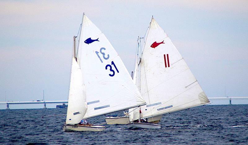 Navy Yacht Club Pensacola skipper Tom Whitehurst passed Pensacola Beach YC skipper Kirk Newkirk to take first place in Race 2 of the 2021 GYA Fish Class Championship. Navy went on to win the Championship in a 10-point tiebreaker with Pensacola YC. - photo © Talbot Wilson