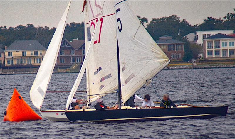 Navy Yacht Club Pensacola won the 2021 GYA Fish Class Championship with this hold your breath finish in the last race. Navy (27) and Pensacola (5) finished tied wit 10 points each. Navy had a 1-2-7 while Pensacola was one behind with a 1-3-6 photo copyright Talbot Wilson taken at Pensacola Yacht Club and featuring the Fish Class class