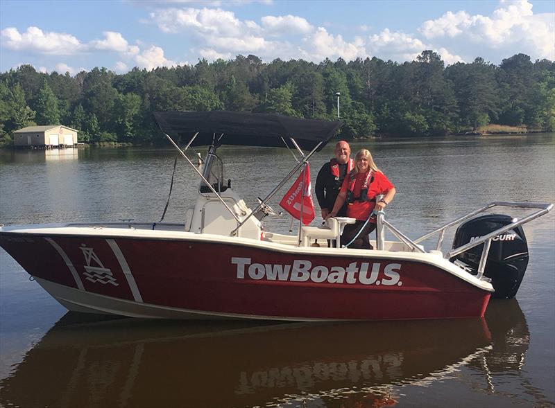Daniel and Brandy Whitby, new owners of TowBoatUS Lake Oconee, aboard one of their 24-hour on-water assistance company's response vessels photo copyright Scott Croft taken at  and featuring the Fishing boat class