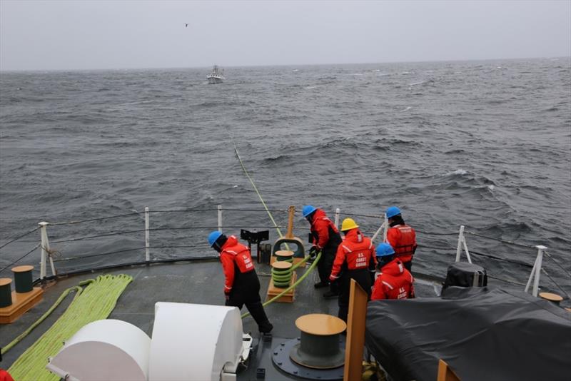 Coast Guard Cutter Spencer's crew puts a disabled fishing vessel in tow after the engines caught fireApril 5th, 2018, about 50 miles off the coast of Maine. Spencer is homeported in Boston with a crew complement of 100 photo copyright U.S. Coast Guard taken at  and featuring the Fishing boat class