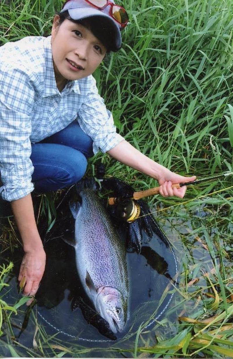 Japanese angler Yukiyo Okuyama caught and released this beautiful 4.19-kilogram (9-pound 3-ounce) rainbow trout (Oncorhynchus mykiss) on June 29, 2018 while fly fishing the Katsura River, Japan photo copyright IGFA taken at  and featuring the Fishing boat class