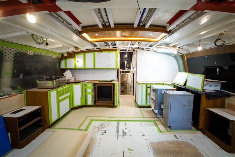 The salon and galley, becoming organized around the center island, soon to be installed - photo © John Bayliss