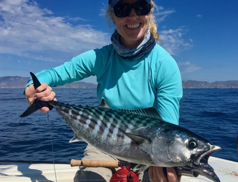 Angler Kesley Gallagher caught this 3.17-kilogram (7-pound) Pacific bonito (Sarda chiliensis) on September 30, 2018 while fly fishing off Catalina Island, California photo copyright IGFA taken at  and featuring the Fishing boat class