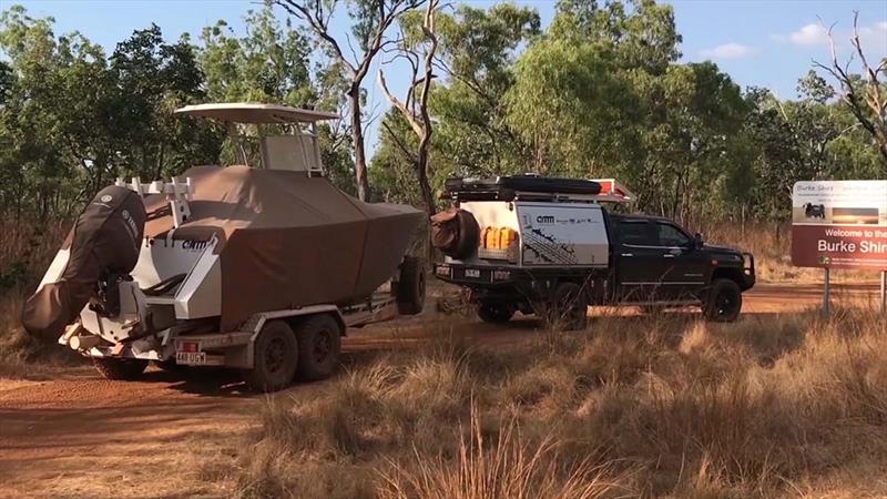 AMM's centre console and off road trailer reach the NT-Queensland border - photo © John Daffy